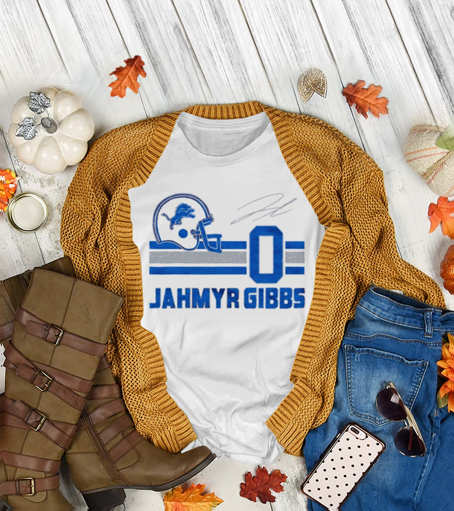 Detroit Lions Jahmyr Gibbs Zero Helmet Number Stripes Distressed T-Shirt