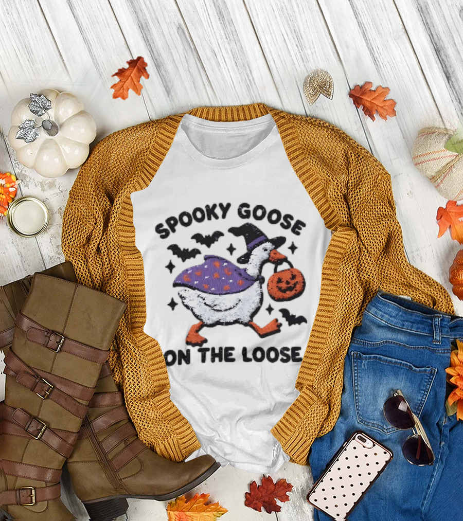 Spooky Goose On The Loose Halloween Embroidered T-Shirt