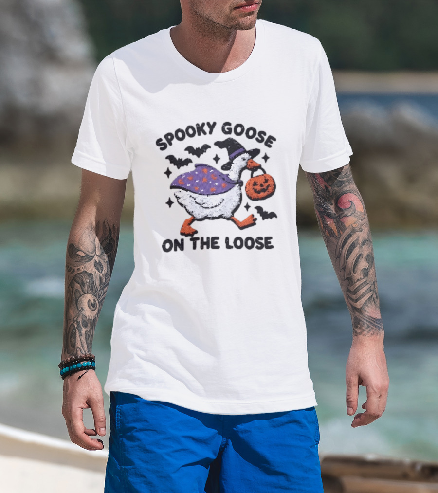 Spooky Goose On The Loose Halloween Embroidered T-Shirt