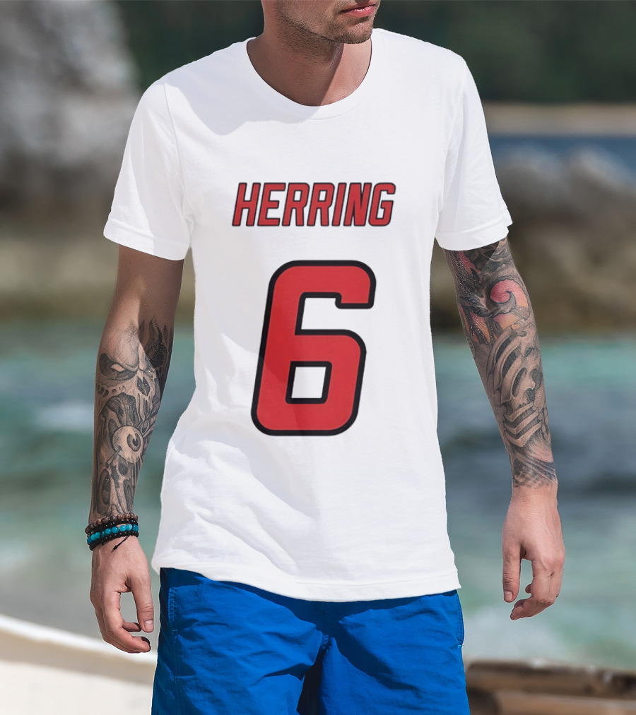 Herring 6 Red Jersey Name Number Bold Athletic Font T-Shirt