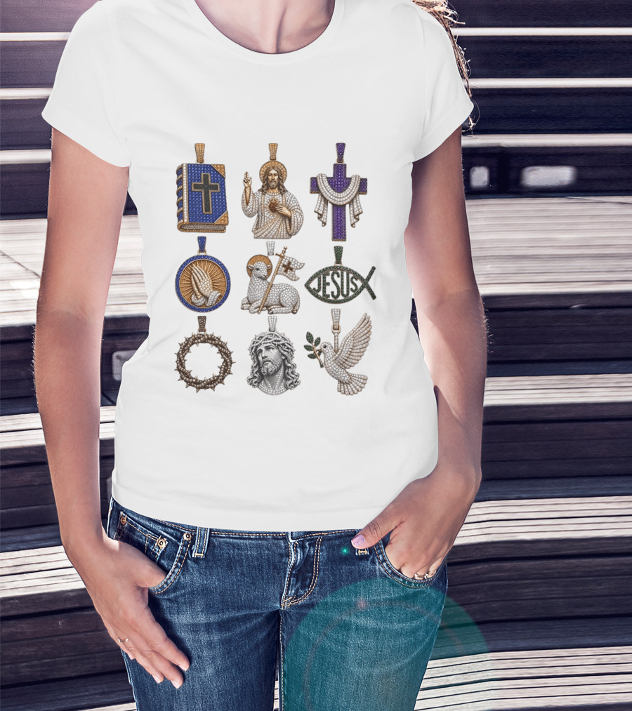 Jesus Cross Bible Lamb Fish Dove Crown Praying Hands Gemstone Pendants Collection T-Shirt