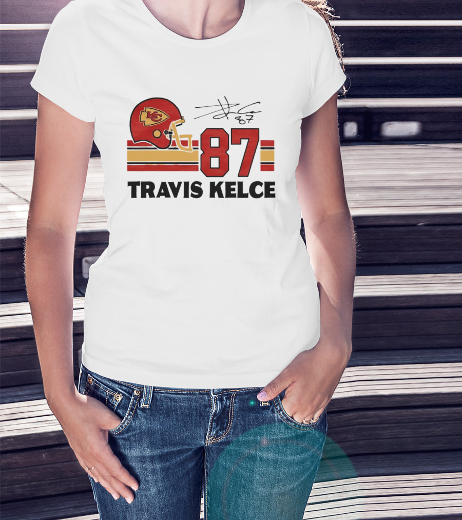 Kansas City Chiefs Travis Kelce 87 Red Gold Helmet Stripes T-Shirt