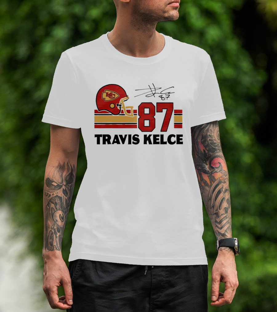 Kansas City Chiefs Travis Kelce 87 Red Gold Helmet Stripes T-Shirt