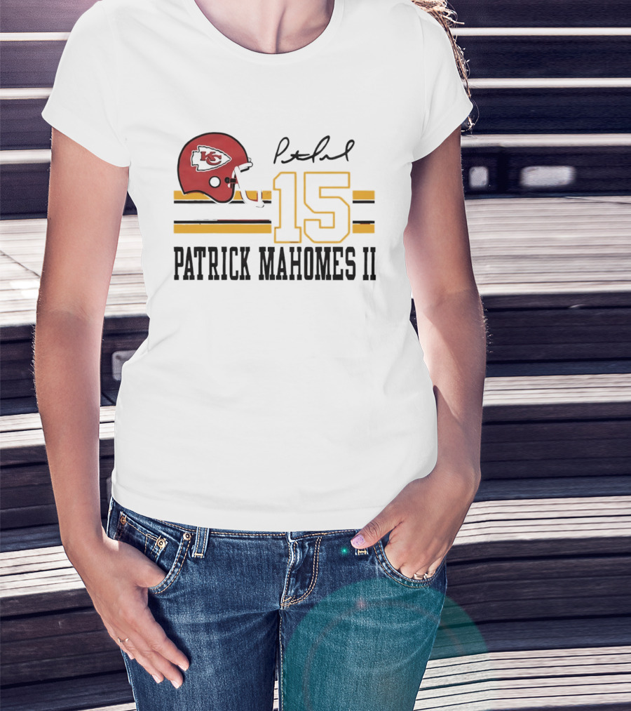 Kansas City Chiefs Patrick Mahomes II Number 15 Signature Football Helmet Stripes T-Shirt