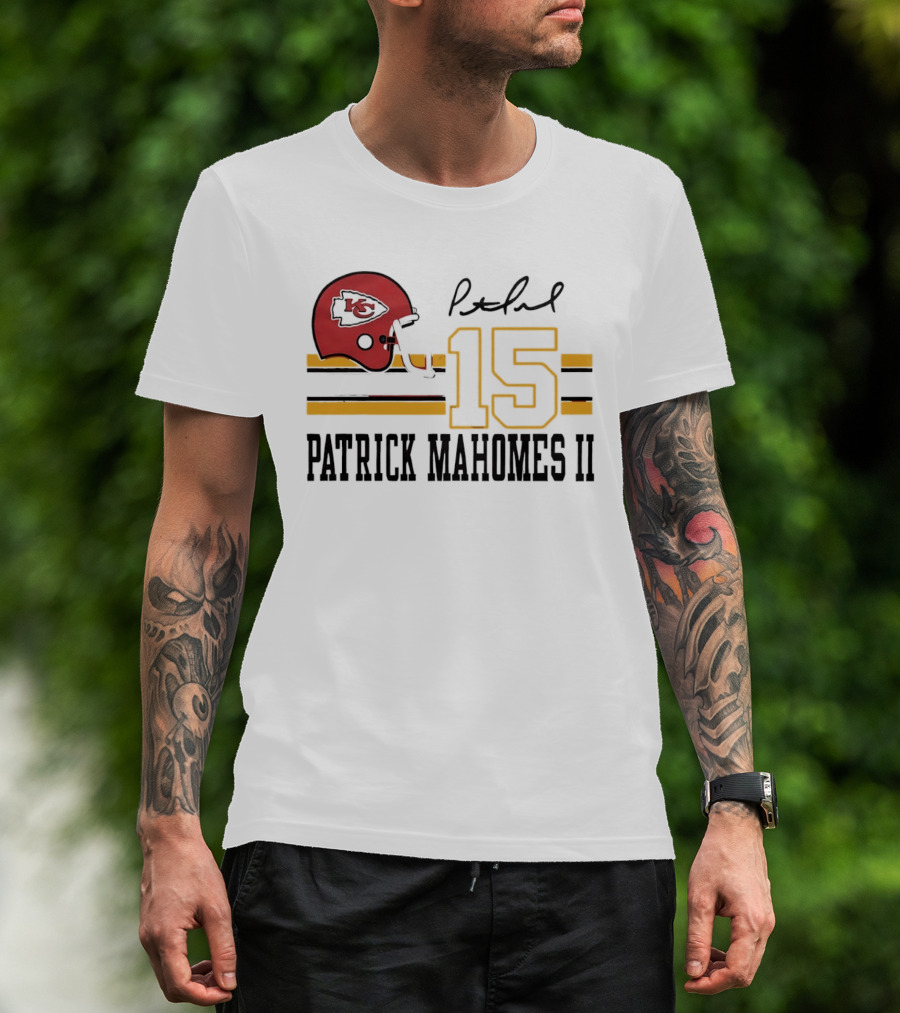 Kansas City Chiefs Patrick Mahomes II Number 15 Signature Football Helmet Stripes T-Shirt