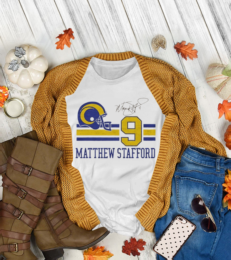 Los Angeles Rams Matthew Stafford Helmet Autograph Number 9 Blue Yellow Stripes T-Shirt