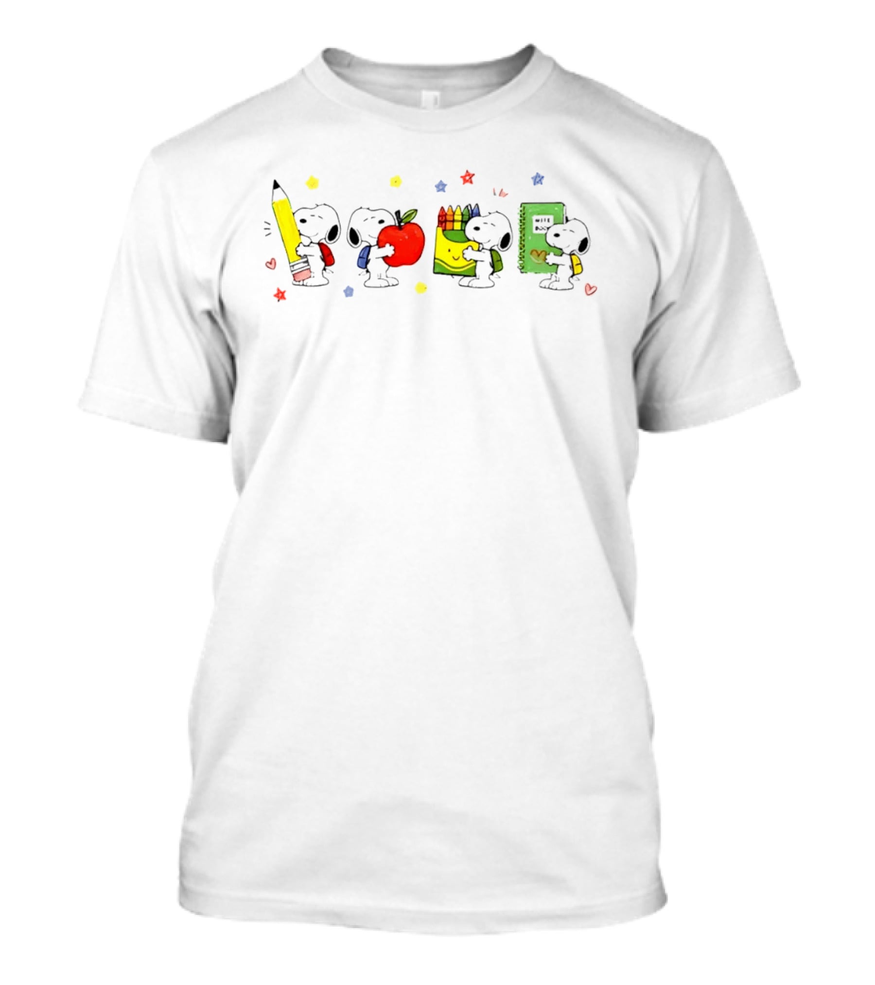 Peanuts Snoopy Cartoon Characters With School Supplies Pencil Apple Crayons Notebook T-Shirt