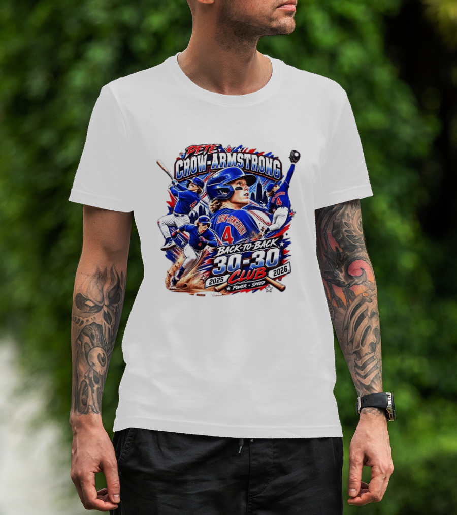 Pete Crow Armstrong Back To Back 30 30 Club 2025 2026 Power Speed Chicago Baseball Action Skyline T-Shirt