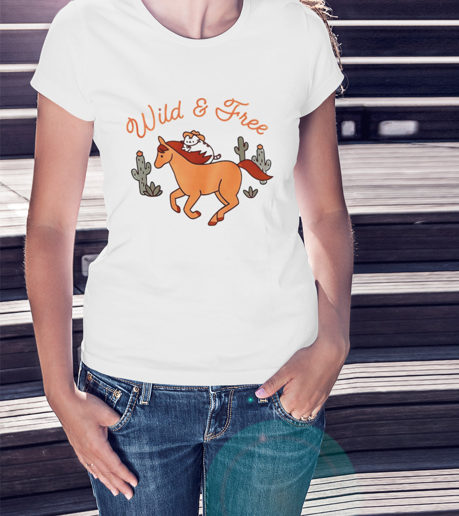Wild And Free Cartoon Cowboy Cat Galloping Horse Cactus Scene T-Shirt