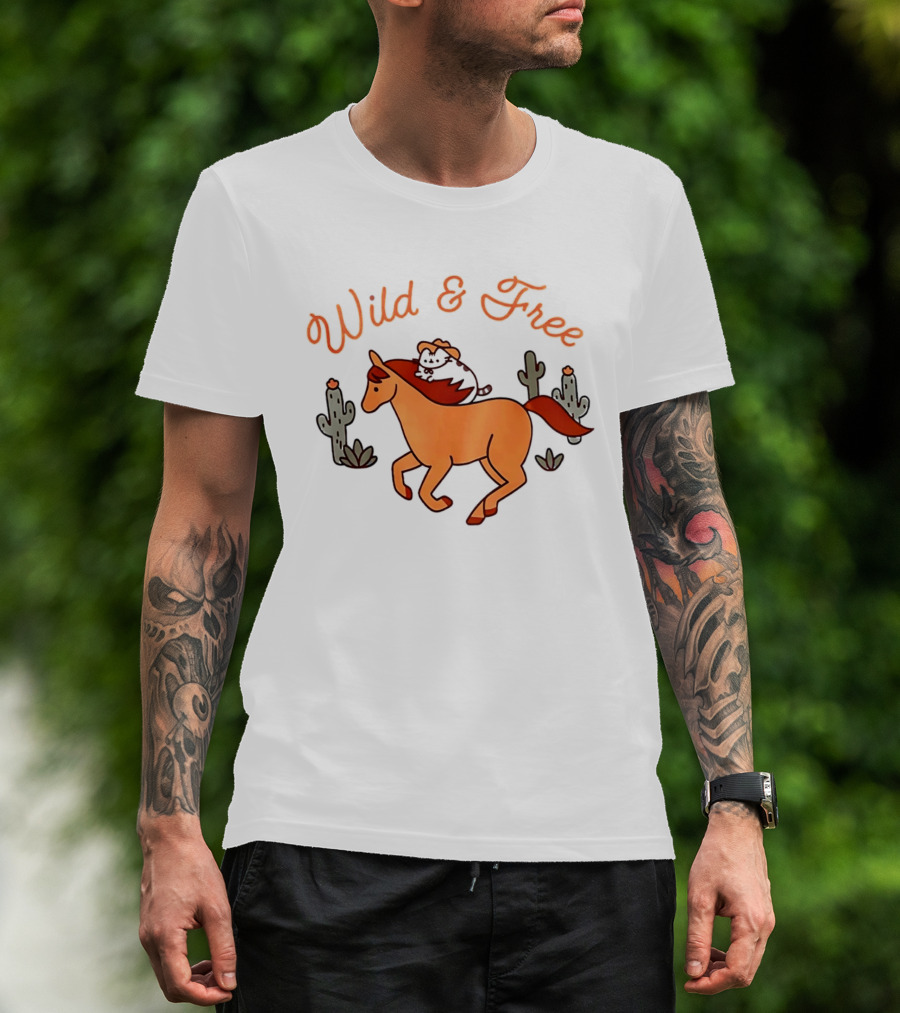 Wild And Free Cartoon Cowboy Cat Galloping Horse Cactus Scene T-Shirt