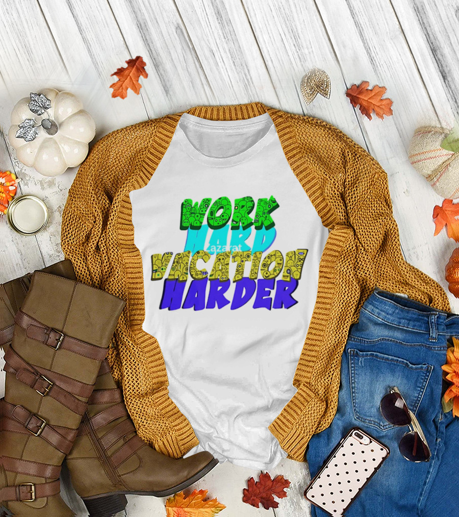 Work Hard Vacation Harder Emoji Patterned Colorful T-Shirt