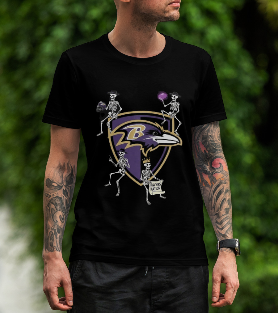 Baltimore Ravens Nation Skeletons Football Helmet Shield Ravens Logo Halloween T-Shirt