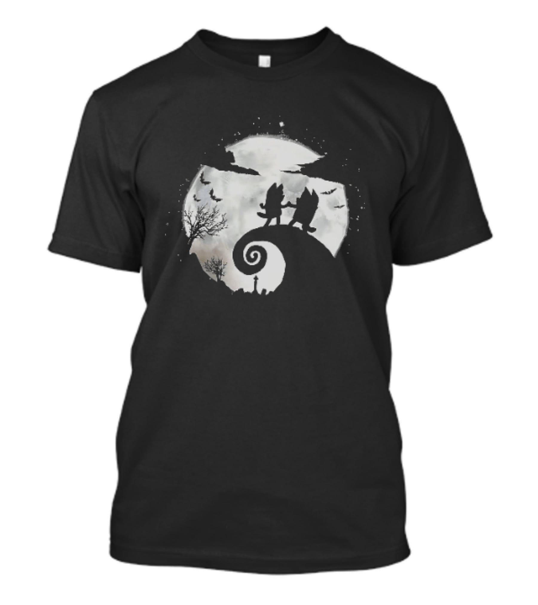 Bluey And Bingo Halloween Mashup With Iconic Moonlit Hill Scene T-Shirt