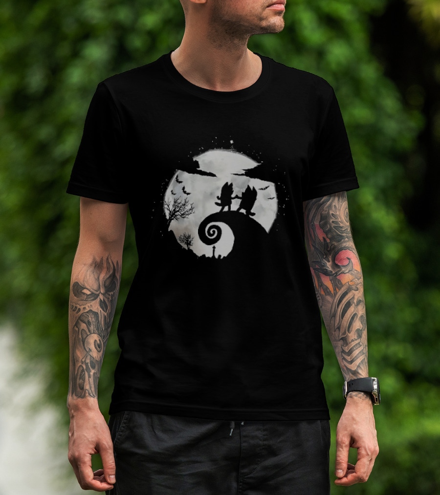Bluey And Bingo Halloween Mashup With Iconic Moonlit Hill Scene T-Shirt