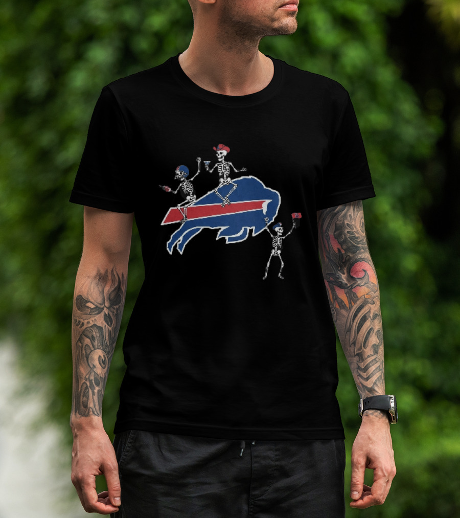 Buffalo Bills Skeletons Riding Logo With Cowboy Hats And Footballs T-Shirt