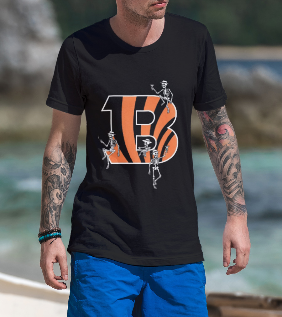 Cincinnati Bengals Party Skeletons Logo B With Stripes T-Shirt