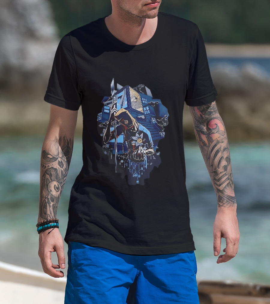 Masked Figure With Spear And Smiling Flower By Mysterious Floating House T-Shirt
