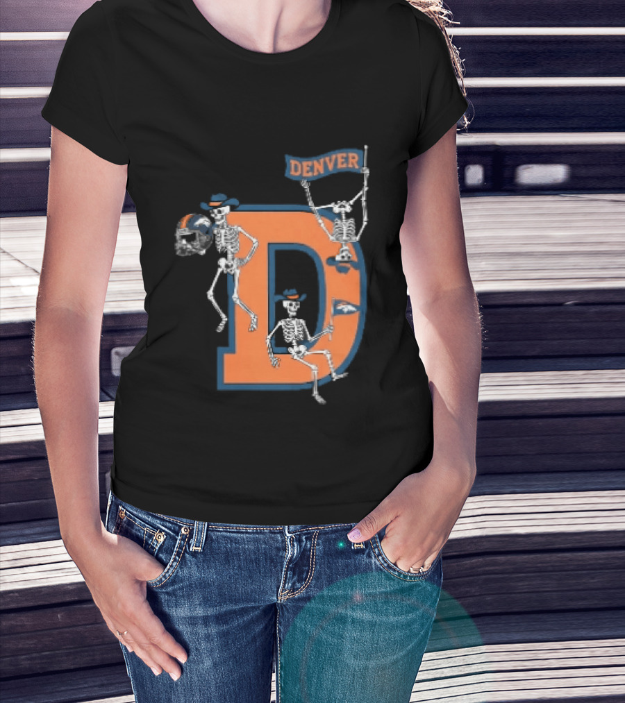 Denver Broncos Skeletons Cowboy Hats Big D Helmet Flag Orange T-Shirt