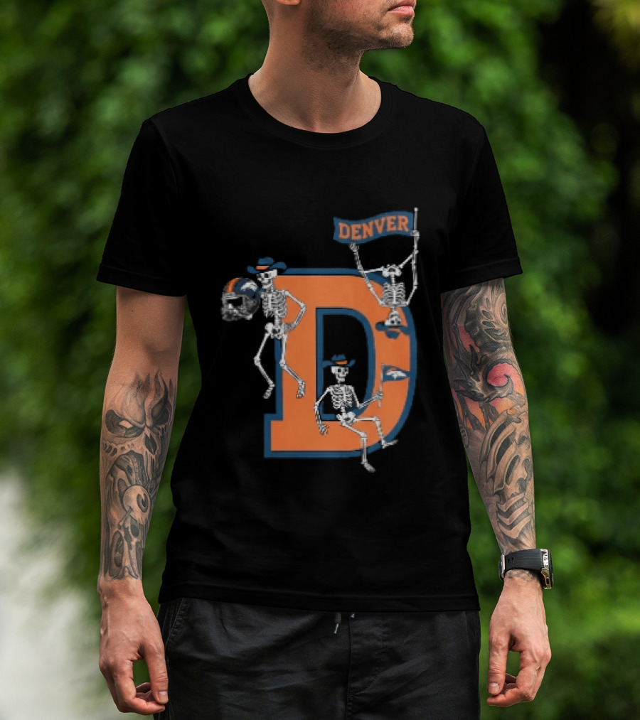 Denver Broncos Skeletons Cowboy Hats Big D Helmet Flag Orange T-Shirt
