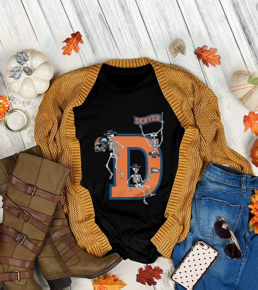 Denver Broncos Skeletons Cowboy Hats Big D Helmet Flag Orange T-Shirt
