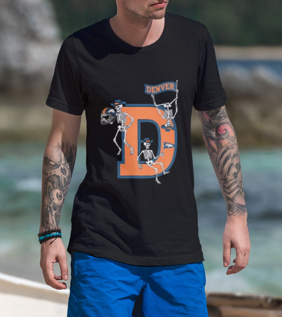 Denver Broncos Skeletons Cowboy Hats Big D Helmet Flag Orange T-Shirt