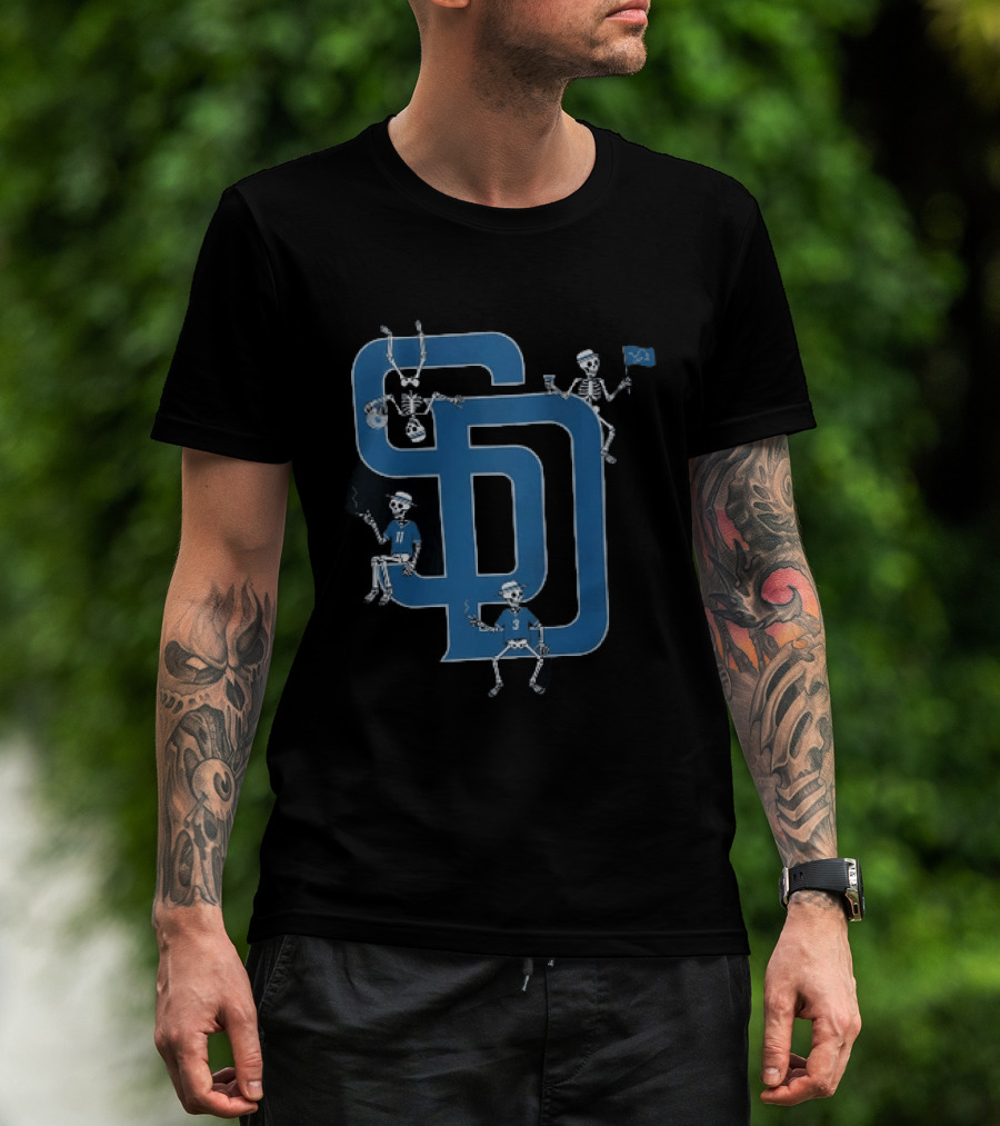Detroit Lions San Diego Padres MLB Skeletons Interlocking SD T-Shirt