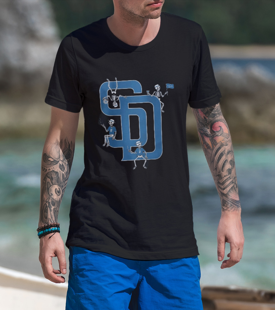Detroit Lions San Diego Padres MLB Skeletons Interlocking SD T-Shirt