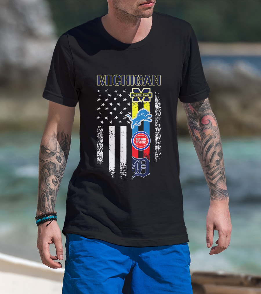 Michigan Wolverines Detroit Lions Pistons Tigers Flag T-Shirt