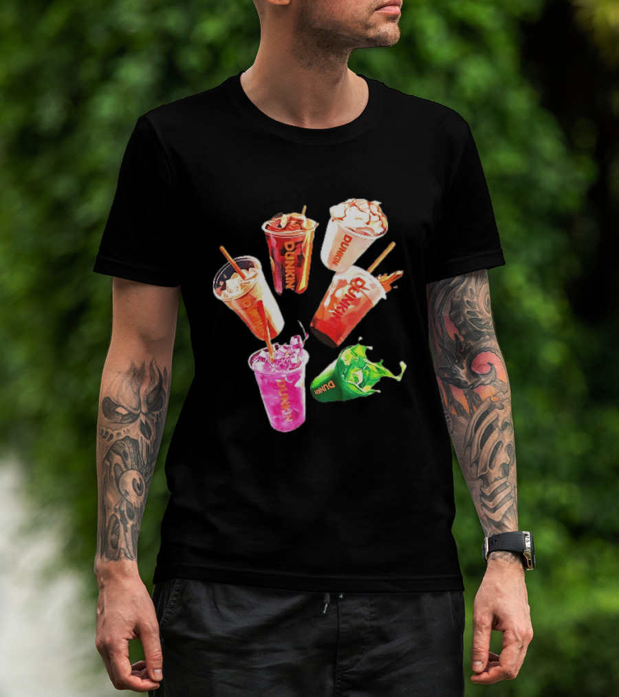 Dunkin Colorful Iced Coffee Beverages Splash With Straws T-Shirt