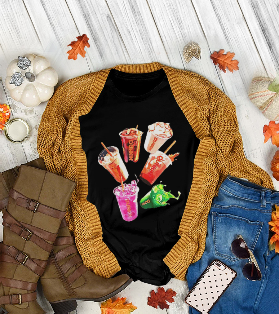 Dunkin Colorful Iced Coffee Beverages Splash With Straws T-Shirt