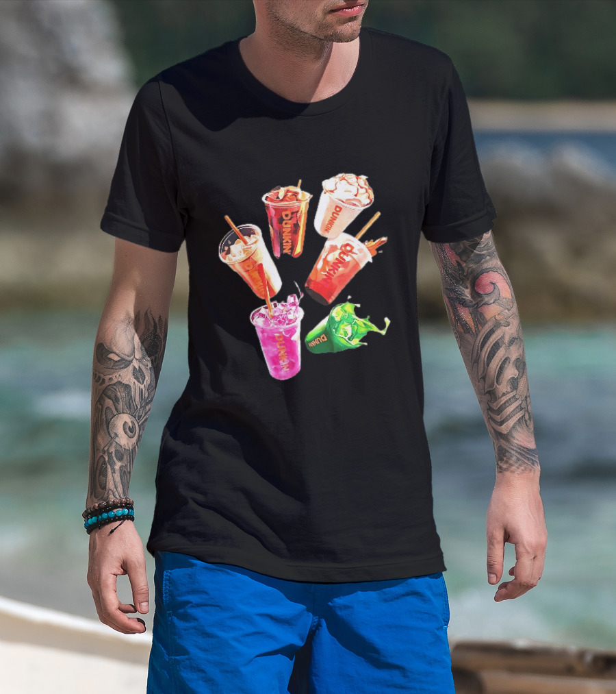 Dunkin Colorful Iced Coffee Beverages Splash With Straws T-Shirt