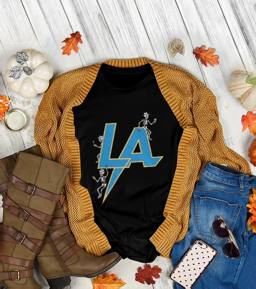 Los Angeles Chargers Skeletons On LA Lettering With Lightning Bolt T-Shirt