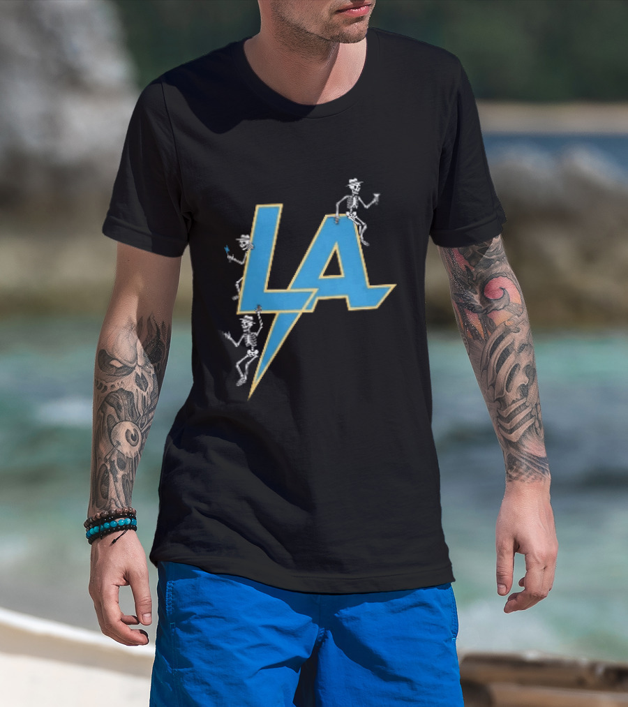 Los Angeles Chargers Skeletons On LA Lettering With Lightning Bolt T-Shirt