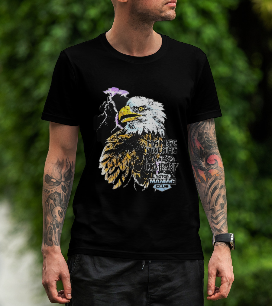 Maniac Dreams Motor Company Bald Eagle Purple Lightning Bolt Club T-Shirt