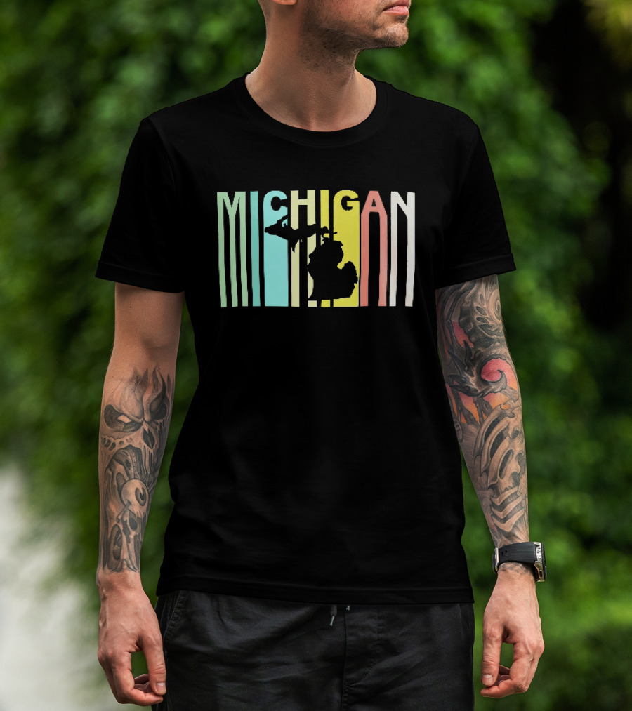 Michigan Colorful Vertical Stripe Map T-Shirt