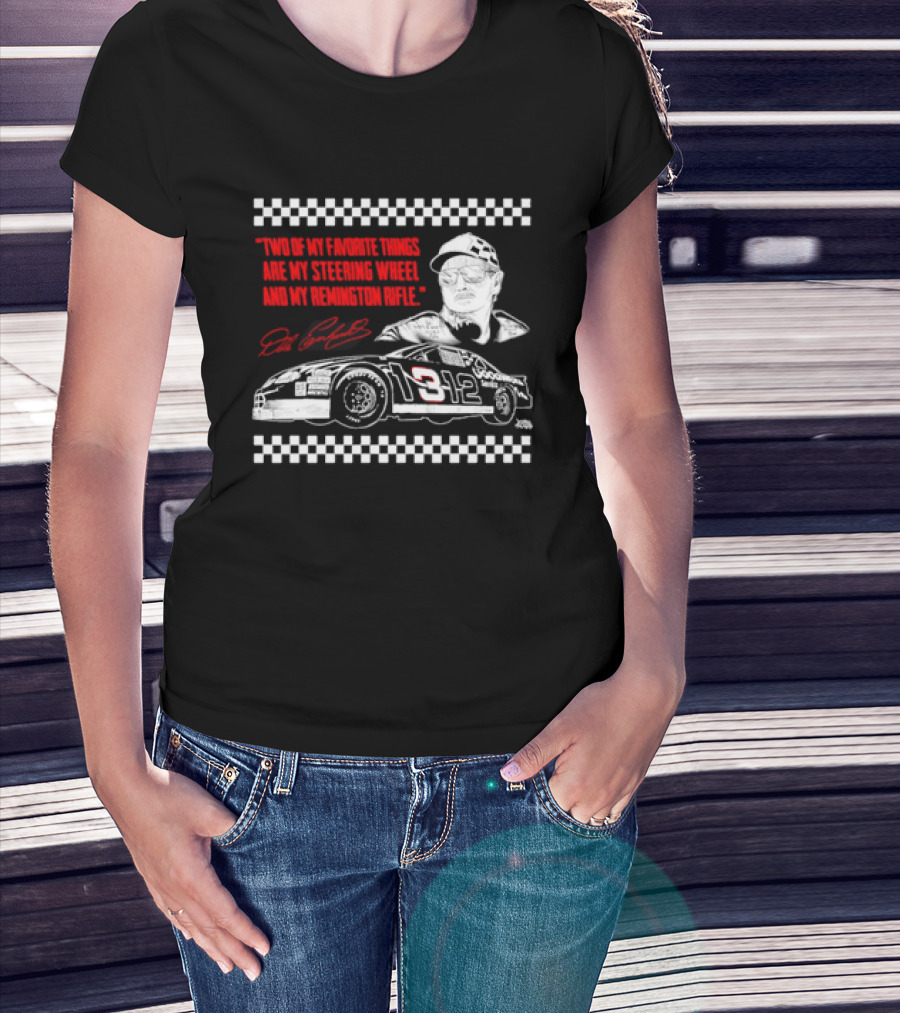 Two Of My Favorite Things Are My Steering Wheel And My Remington Rifle Racing Car 3 Checkered Flag T-Shirt