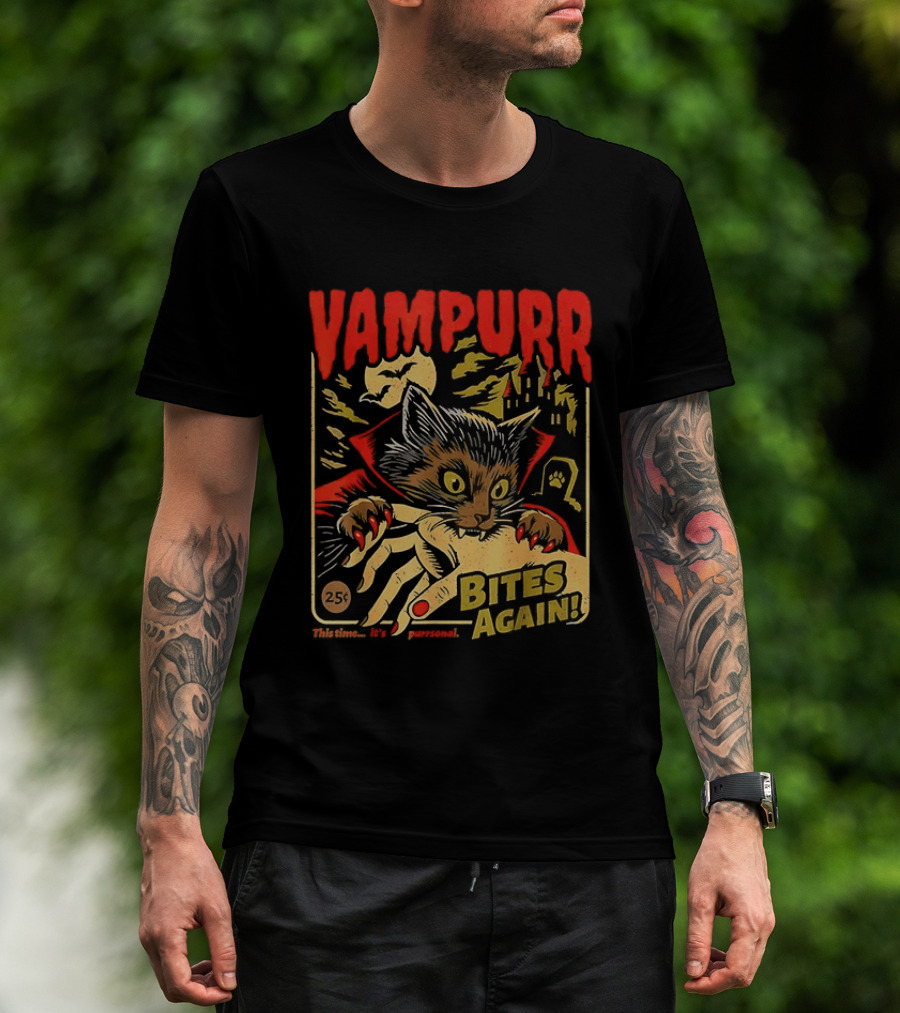 Vampurr Bites Again Vampire Cat Halloween Vintage Spooky Paws T-Shirt
