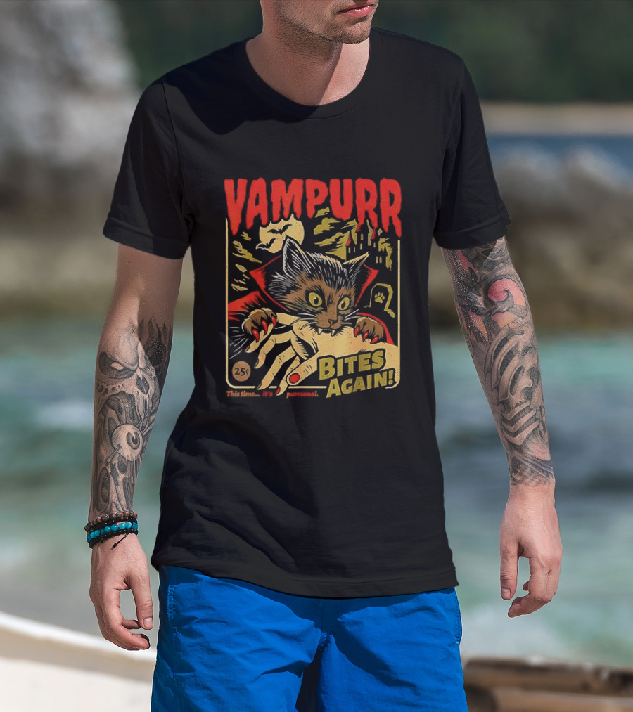Vampurr Bites Again Vampire Cat Halloween Vintage Spooky Paws T-Shirt