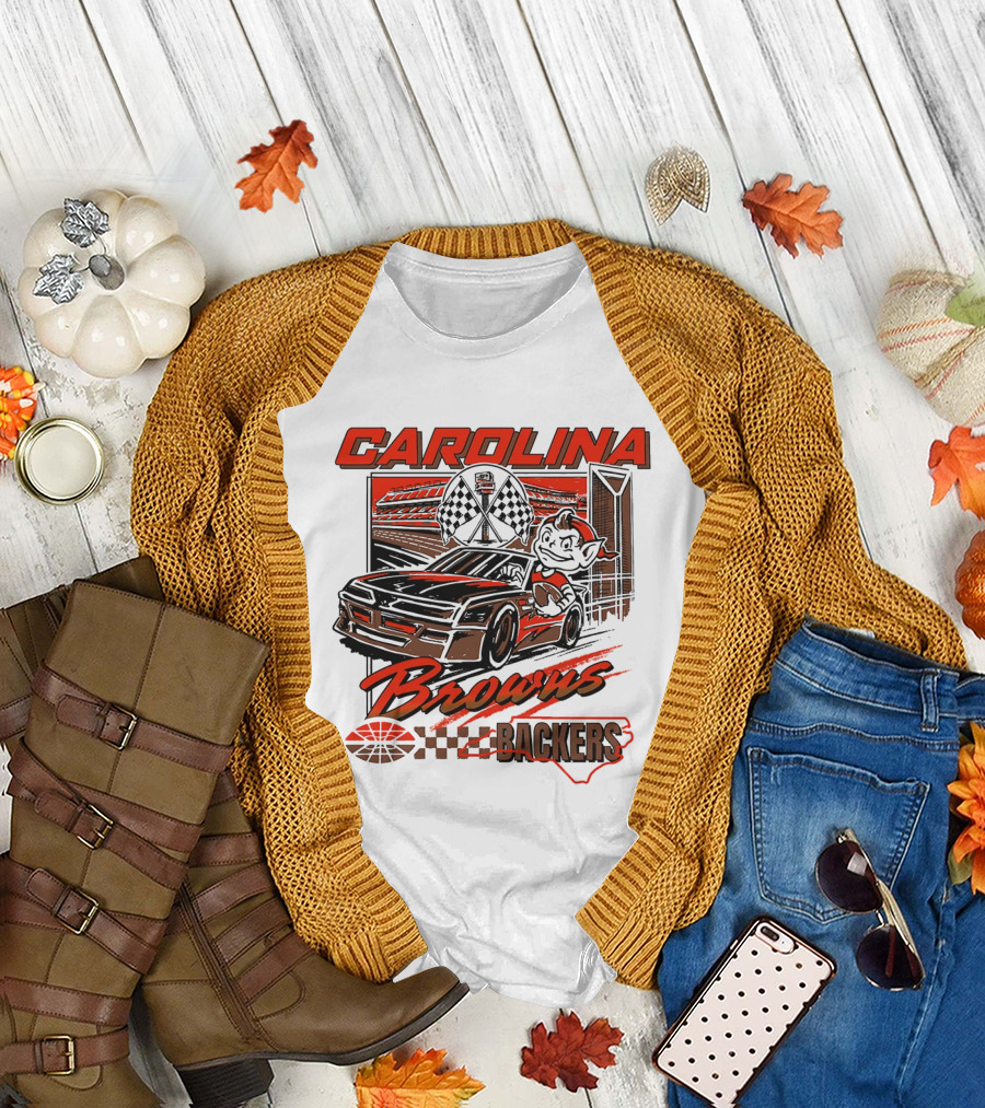 Carolina Browns Backers Racing Stadium Elf Car Checked Flag T-Shirt