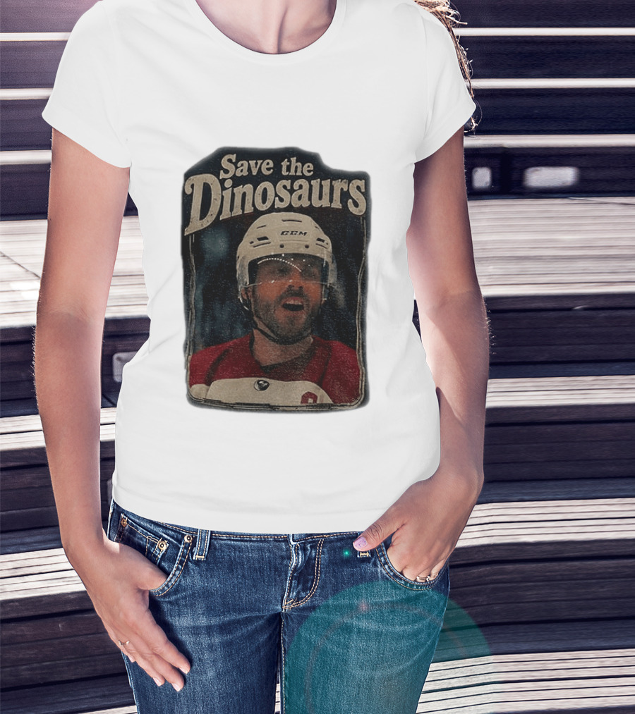 Connor Storrie Wearing Scott Hunter Save The Dinosaurs CCM Hockey T-Shirt
