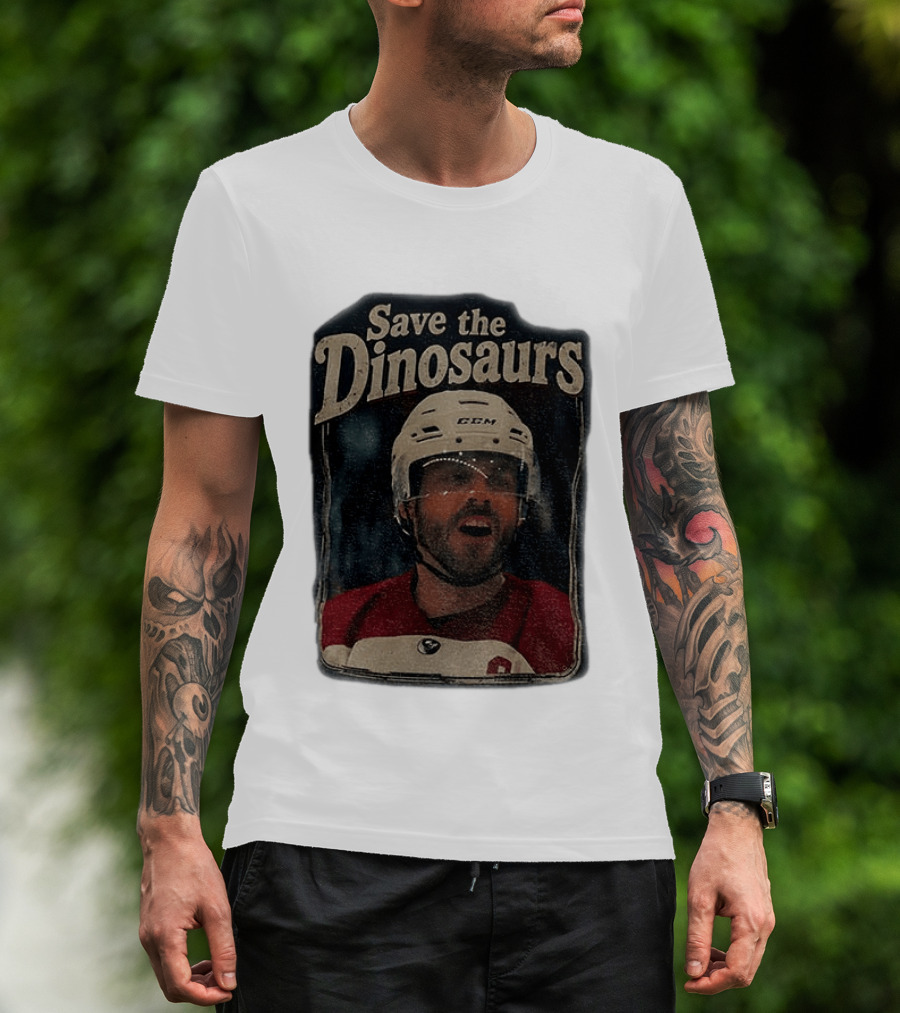 Connor Storrie Wearing Scott Hunter Save The Dinosaurs CCM Hockey T-Shirt