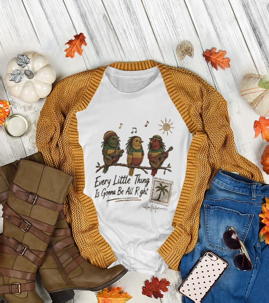 Every Little Thing Is Gonna Be All Right Reggae Birds Guitar Sunshine Palm Stamp Music Notes T-Shirt