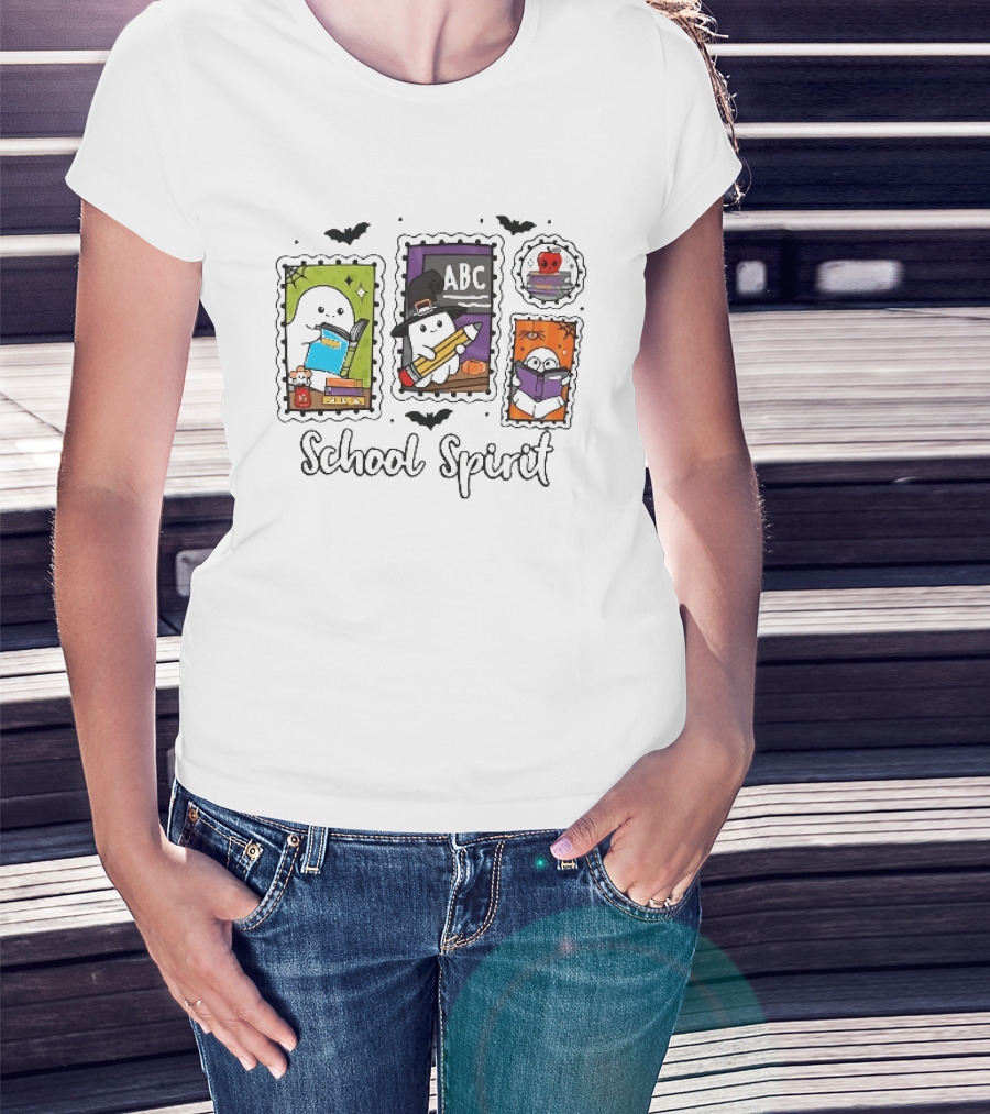 School Spirit Ghosts Holding Books Halloween Postage Stamps ABC Bats T-Shirt