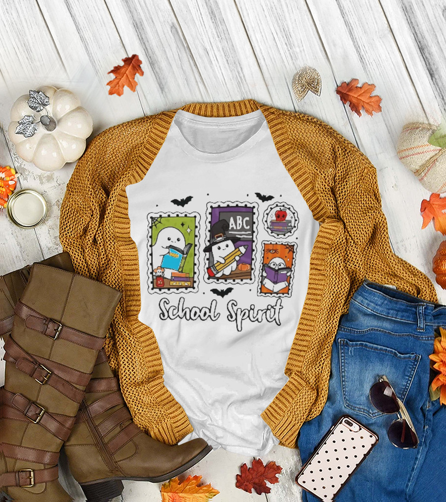 School Spirit Ghosts Holding Books Halloween Postage Stamps ABC Bats T-Shirt