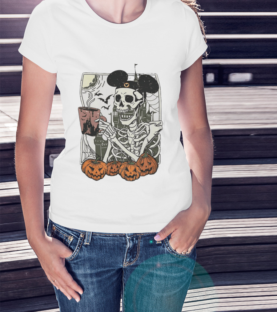 Spooky Skeleton With Coffee Mouse Ears Pumpkins Bats Halloween 2026 T-Shirt