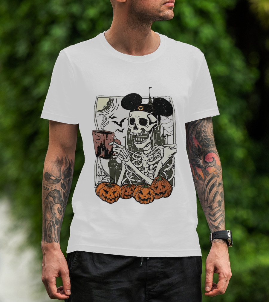 Spooky Skeleton With Coffee Mouse Ears Pumpkins Bats Halloween 2026 T-Shirt