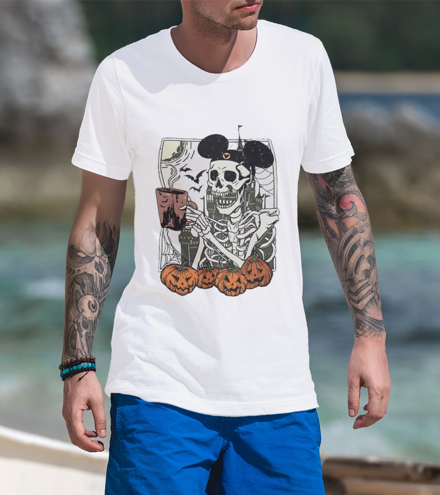 Spooky Skeleton With Coffee Mouse Ears Pumpkins Bats Halloween 2026 T-Shirt