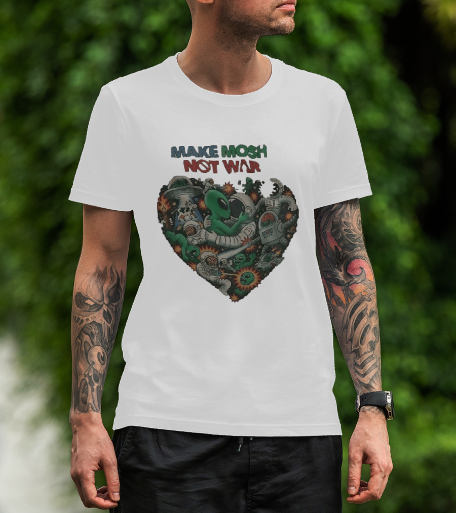 Make Mosh Not War Alien Astronauts Heart Explosion T-Shirt