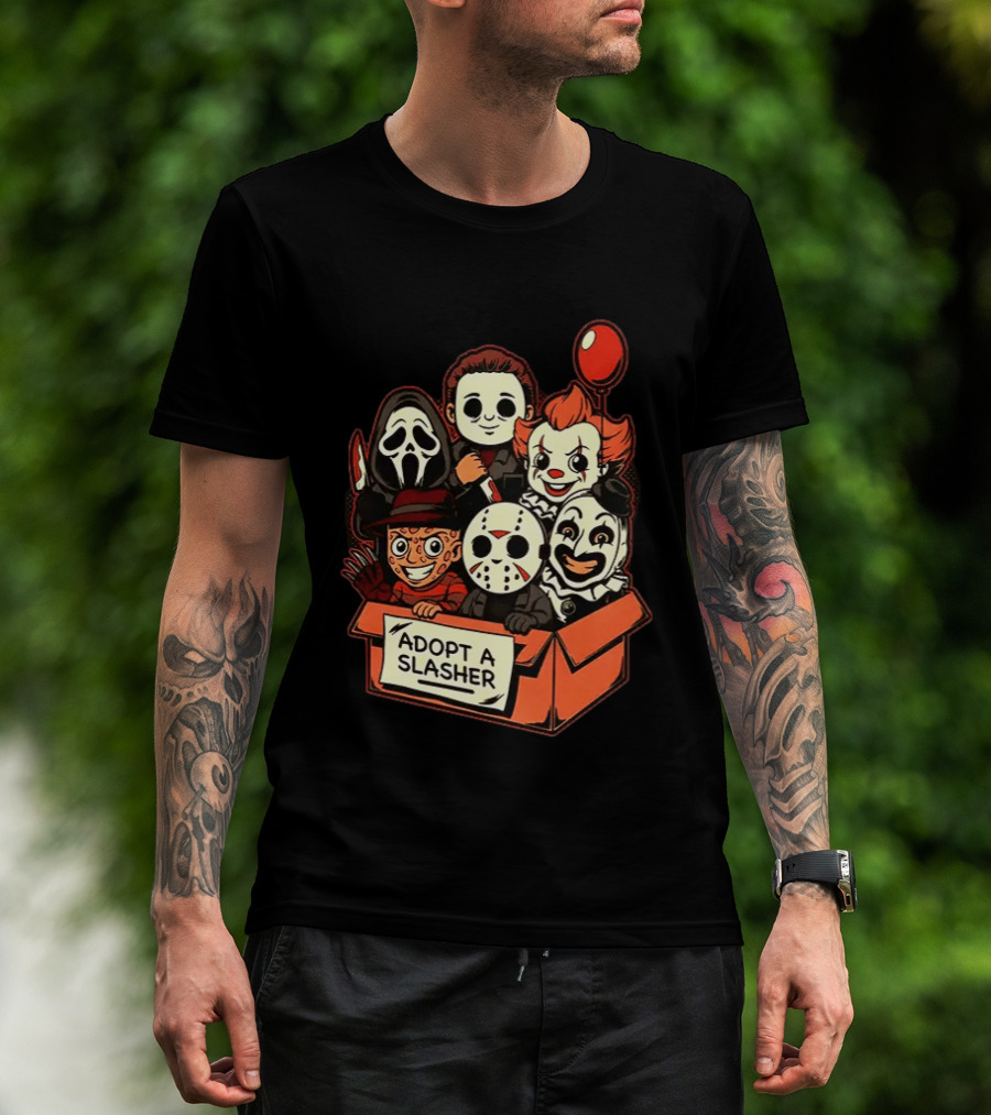 Adopt A Slasher Horror Characters Halloween Box With Iconic Balloon And Masked Monsters T-Shirt