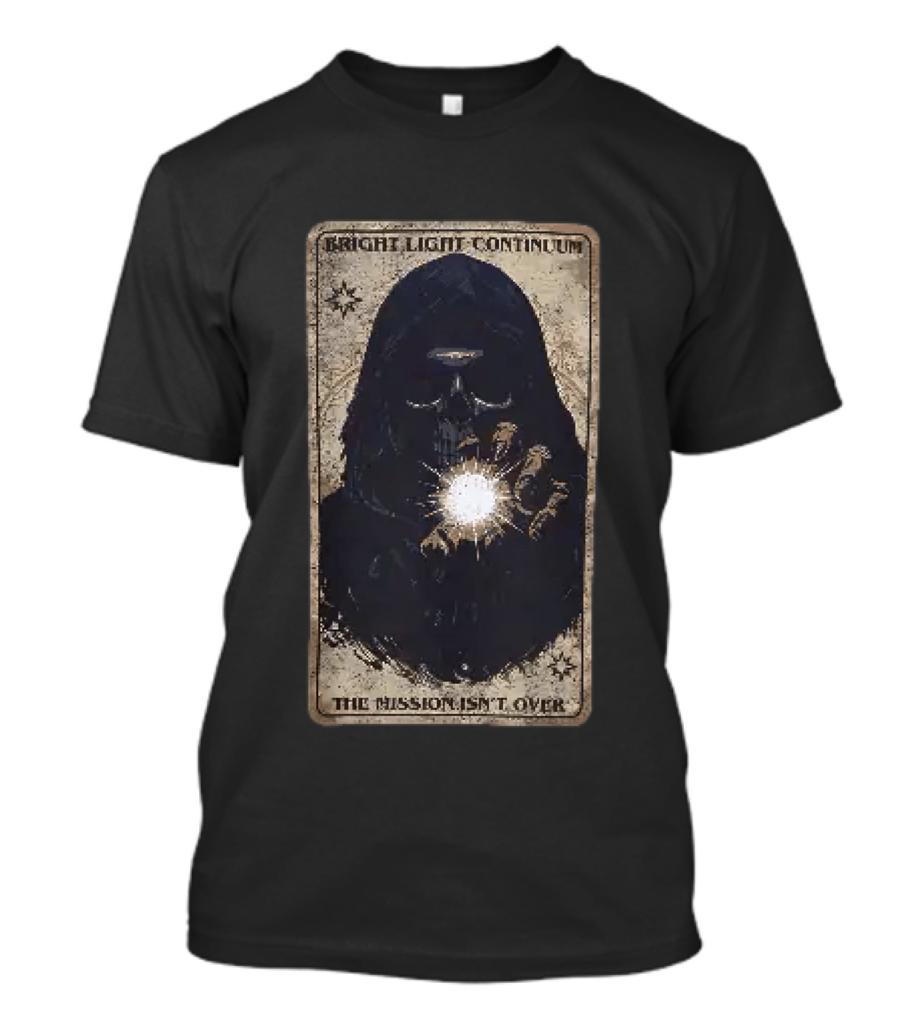 Bright Light Continuum The Mission Isn't Over Skull Holding Light Mysterious Hooded Figure T-Shirt
